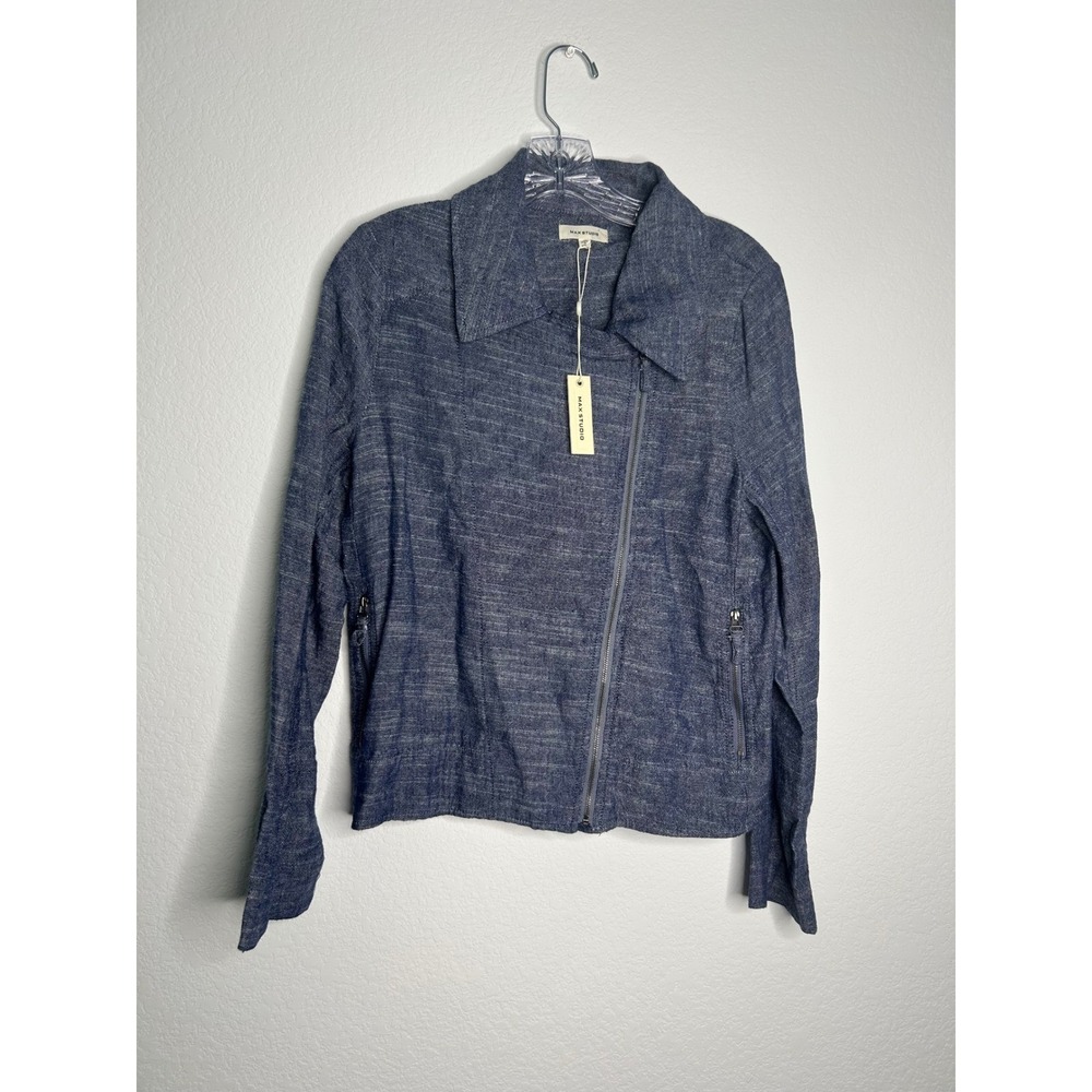 NWT Max Studio Womens Navy Linen Blend Asymmetric Zip Moto Jacket 9712L20 Size M